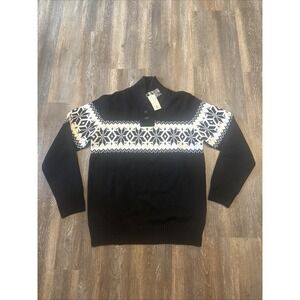 H2H Men's Large Nordic Fair Isle Shawl Collar Sweater Black White NWT